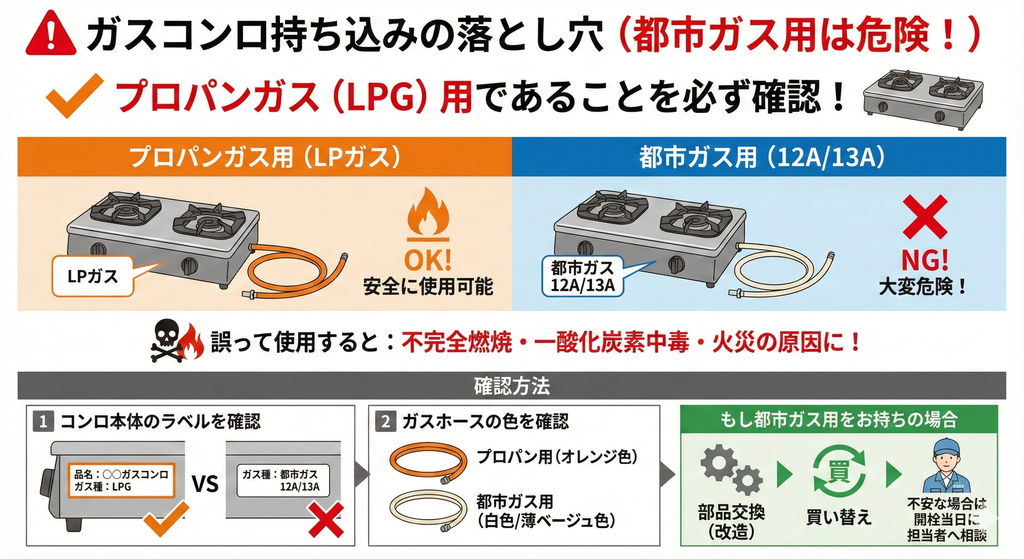 ガスコンロ持ち込みの落とし穴（都市ガス用は危険！）