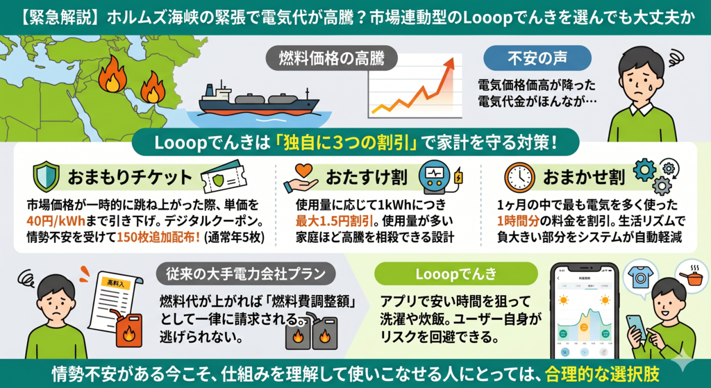 ホルムズ海峡の緊張で電気代が高騰？市場連動型のLooopでんきを選んでも大丈夫か