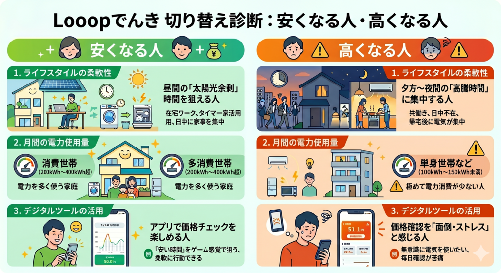 Looopでんき 切り替え診断：安くなる人・高くなる人