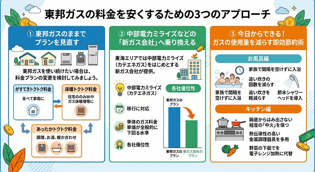 東邦ガスの料金を安くするための3つのアプローチ
